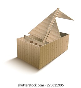 Toy Boat In An Open Cardboard Box. Vector Illustration