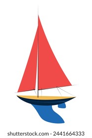Toy boat with red sail, hand drawn in flat style. Kids toy to play on the water or a yacht model. Vector illustration in flat design