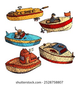 Spielzeugboot Set handgezeichnet. Dinghy Floß, Cruiser Schlepper, Katamaran Paddel Spielzeug Boot Vektor Skizze. einzelne Farbgrafik