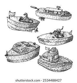 Spielzeugboot Set handgezeichnet. Dinghy Floß, Cruiser Schlepper, Katamaran Paddel Spielzeug Boot Vektor Skizze. einzelne schwarze Illustration