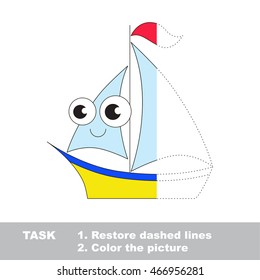 Toy boat in vector to be traced. Restore dashed line and color the picture. Easy educational kid gaming with simple level of difficulty.