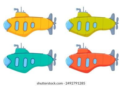 Toy boat.Bathyscaphe explore underwater world.Underwater boat ship. Cartoon underwater submarine periscope.Cartoon submarines.Yellow submarine.Vector flat illustration.Isolated on white background.