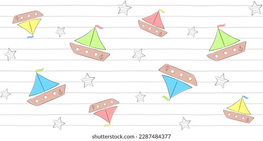 Toy boats with colorful sails and striped stars on a gray and white striped background. Kids endless texture with ships. Vector seamless pattern for cover, wrapping paper, packaging or surface texture