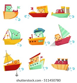 Toy Boats With Faces Colorful Illustration Set