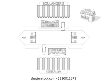 Toy Boulangerie French Bakery Shop Patisserie Pastry Shop print die cut template. Coloring book. Simple, fast, easy to fold. Vector illustration