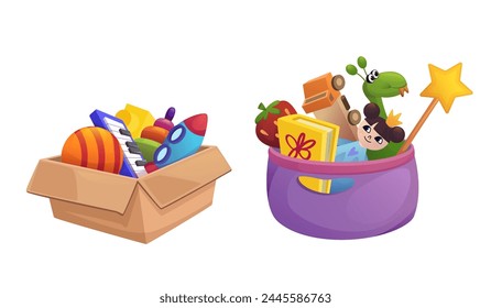 Toy box and basket isolated on white background. Vector cartoon illustration of cardboard container with ball, rocket, piano, doll, dinosaur, book, wooden truck and blocks, early education items