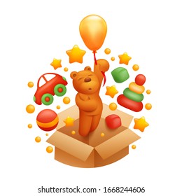Toy box with car pyramide ball and flying bear on balloon. Vector illustration