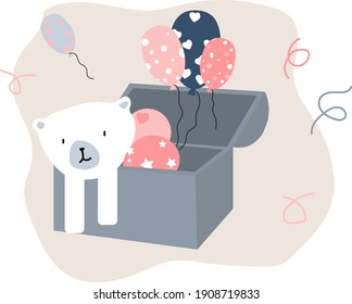 Toy box or chest with bear-doll and balloons. Childhood or cartoon toys theme in pink and gray colors. Flat vector illustration 