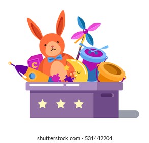 Toy Box Or Chest With Rabbit Doll And Child Rocket, Cube And Puzzle, Drum And Moon, Bucket In Children Toy Box With Stars. Childhood Or Cartoon Toys Collection, Playing Kids Theme