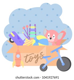 Toy Box, full of children s toys including plush toys, Ball, car, rocket, bike, whirligig, xylophone .Vector flat illustration cartoon.