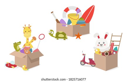 Toy Box, full of children´s toys including Giraffe doll Crocodile doll, Ball, rabbit, bear, book, plane, bird,pencil, Cardboard boxes with kids toys for playroom or kindergarten. vector illustrator 