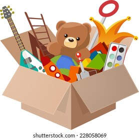 Toy Box, full of children´s toys including  Teddy Bear, Guitar, Ball, Watercolor, clown, robot.  illustration cartoon.