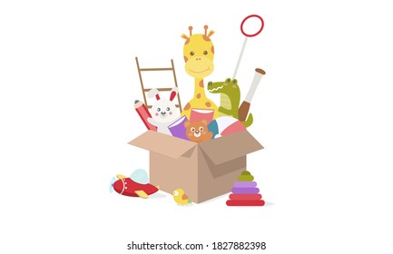 Toy Box, Gift Box Toy. Full Of Children´s Toys Including Giraffe Doll, Crocodile Doll, Ball, Rabbit, Bear, Book, Plane, Bird,pencil, Vector Illustrator Cartoon.