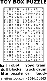 And Toy Box Word Search Puzzle With Toy Words Like Ball Robot Yoyo Train Doll Blocks Truck Drum Kite Car Teddy Bear