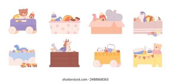 Toy boxes. Children toys in different containers. Plush bear and elephant, bucket penguin train. Storage at home or kindergarten, racy vector elements