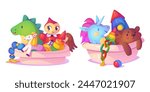 Toy boxes set isolated on white background. Vector cartoon illustration of plastic container with ball, rocket, teddy bear, horse, unicorn, doll, dinosaur, book, early education, kids room items