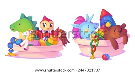 Toy boxes set isolated on white background. Vector cartoon illustration of plastic container with ball, rocket, teddy bear, horse, unicorn, doll, dinosaur, book, early education, kids room items