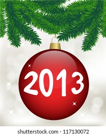 toy - a bright red ball on fir branch, card