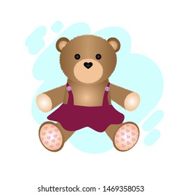 Toy brown bear with black eyes in a dark pink dress