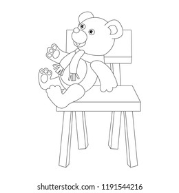 Toy Brown Bear Sit on the Chair colorless cartoon. Outlined illustration with thin line black stroke