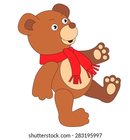 Toy brown bear wearing red scarf for child. 