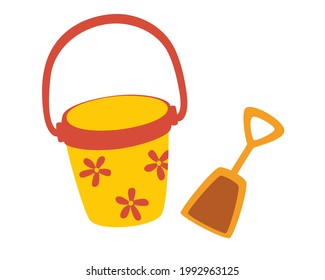 Toy bucket with a dustpan. Beach games. Summer vacation.  Set of buckets and dustpan for playing in the sandbox for children. Vector cartoon illustration.