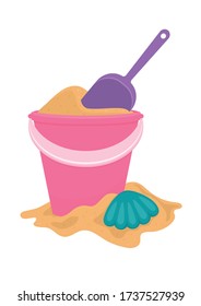 Toy bucket full of sand with shovel and shell toy. Equipment for children sensory, motor skills, creativity and imagination development games.