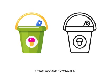 Toy bucket for kids summer games on playground. Set of colorful and outline icons. Early education equipment. Vector isolated illustrations for coloring book pages.