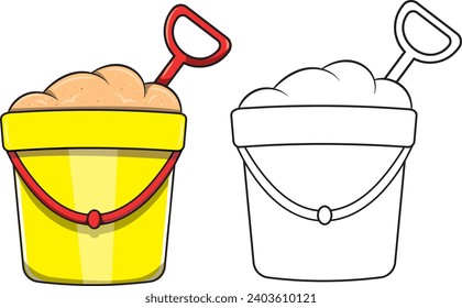 Toy bucket and shovel full of sand, cartoon style vector illustration without background with color and without color to print and paint.