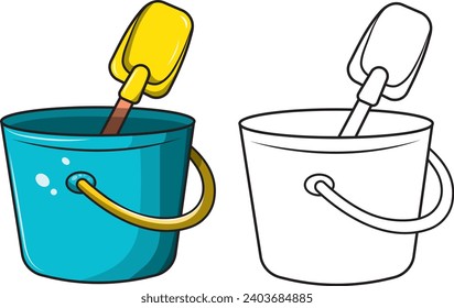 Toy bucket and shovel set for children in cartoon style, vector illustration for summer without background, with color and without color, for coloring.