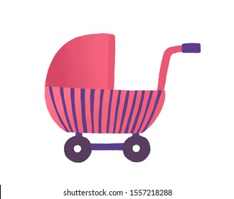 Toy buggy flat vector illustration. Girlish plaything, doll pram. Pink baby stroller, childish vehicle. Kid accessory, puppy cradle. Cute baby carriage isolated on white background.