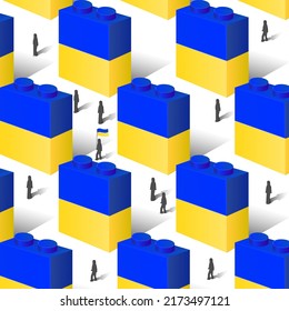 Toy building blocks in the colors of the flag of Ukraine, toy city with little men in it, pattern, Ukraine, vector image