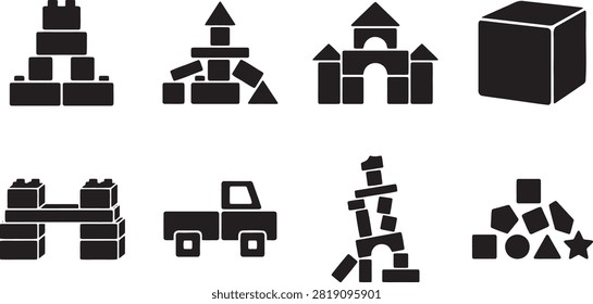 Toy building blocks and stacked block towers silhouettes set