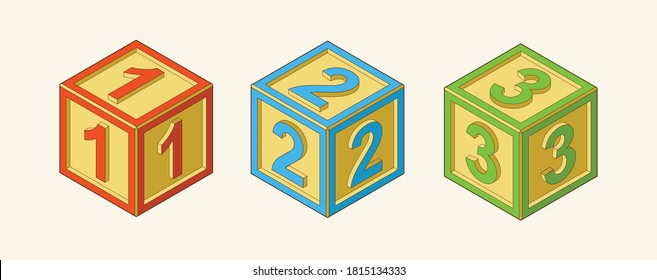 Toy building cube. Bright colored bricks building tower. Block vector illustration on white background. Numeral cubes with numbers and letters.