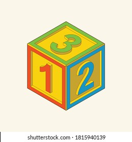 Toy building cube. Bright colored bricks building tower. Block vector illustration on white background. Numeral cubes with numbers and letters.
