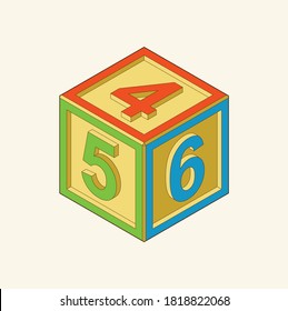 Toy building cube. Bright colored bricks building tower. Block vector illustration on white background. Numeral cubes with numbers and letters.