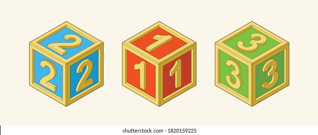 Toy building cube. Bright colored bricks building tower. Block vector illustration on white background. Numeral cubes with numbers and letters.