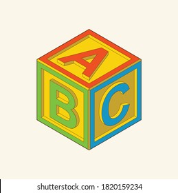 Toy building cube. Bright colored bricks building tower. Block vector illustration on white background. Numeral cubes with numbers and letters.