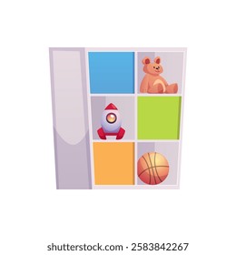 Toy cabinet icon. Shelves with toys, teddy bear, space rocket and ball. Cartoon furniture for toys storage in kindergarten or children playroom. Vector flat illustration isolated on white background