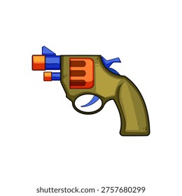 Toy cap gun illustration, featuring a playful design with vibrant colors, symbolizing childhood recreation, imaginative play, and harmless fun for children