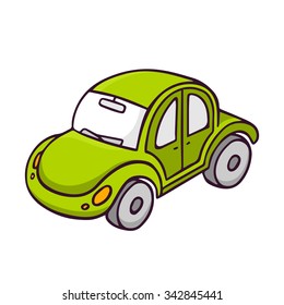 Toy car, bright vector children illustration of cute green toy beetle automobile isolated on white