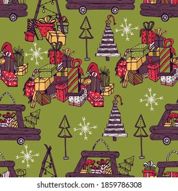 Coche de juguete con regalos. patrón ininterrumpido, árbol de navidad y otros detalles festivos. Estilo escandinavo infantil dibujado a mano. Paleta de Año Nuevo. Papel de paredes, textiles, prendas de vestir, raspado, papel 