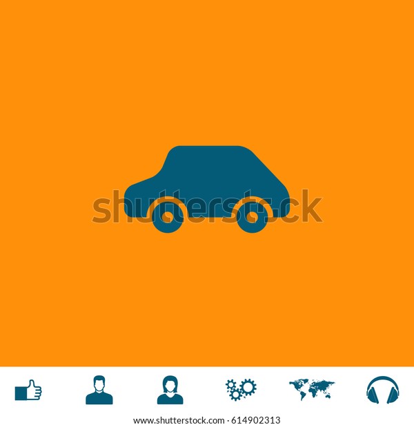 Toy Car logo template. Blue symbol\
icon on orange background. Vector illustration and bonus icons\
Thumb up, Man and Woman avatar, Gears, World map,\
Headphones