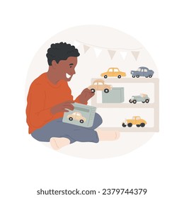 Toy car models isolated cartoon vector illustration. Smiling boy with retro car collection, toy transport, lifestyle and hobby, hands-on activity, rare automobile model vector cartoon.