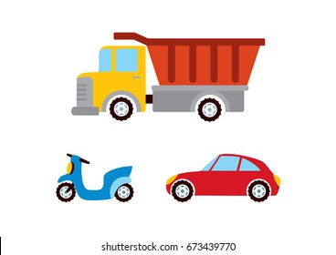 Toy car, motorbike, truck icon set vector. Children toys car, motorcycle, truck icon set isolated on a white background. Different means of transport