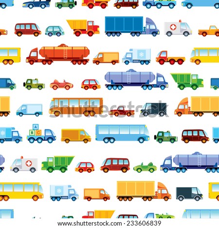 Toy car pattern, collection of various funny toy cars.