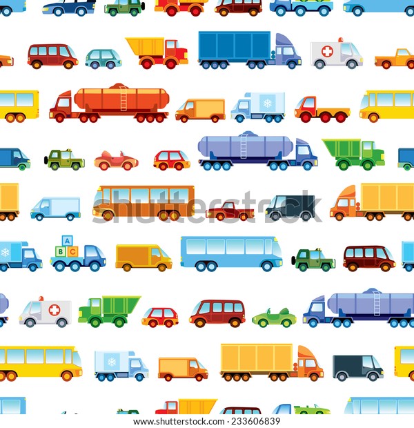 Toy
car pattern, collection of various funny toy
cars.