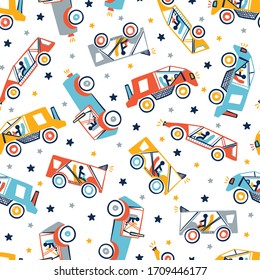 Vektorillustration Spielzeugwagen Racing Nahtlose Muster. Doodle Buggy Car and Stars. Cartoon Transportmittel Hintergrund für Kinder