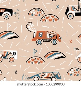 Toy Car Racing Vector Seamless Pattern. Doodle Buggy Car and Hilly Terrain. Cartoon Transportation Background for Kids Retro Colors