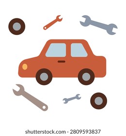 Toy car repair tool kit elements pack with wrench, screwdriver, screws, gears, and wheels isolated vector